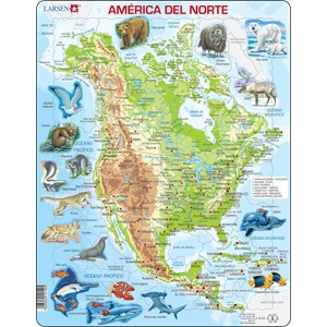 Larsen (A32-ES) - "North America, physical map with animals - ES" - 66 pièces