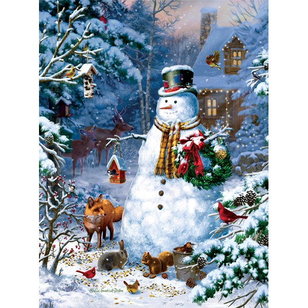 SunsOut (59796) - Liz Goodrick-Dillon: "Winter Cabin Snowman" - 1000 pièces