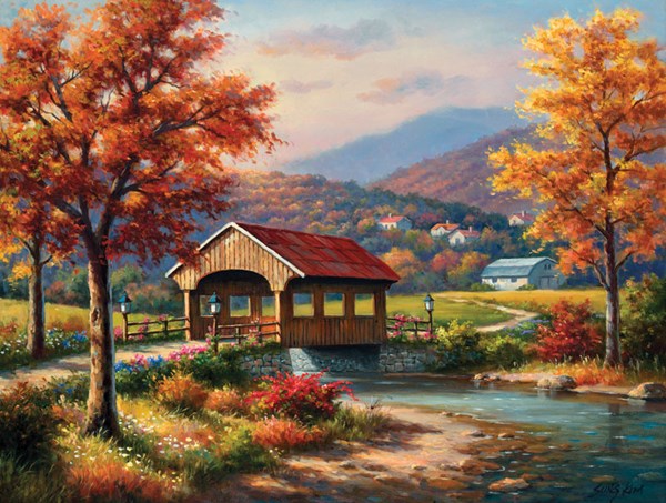 SunsOut (36610) - Sung Kim: "Covered Bridge in Fall" - 500 pièces